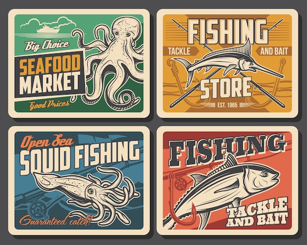 Tuna fish marlin squid and octopus retro posters