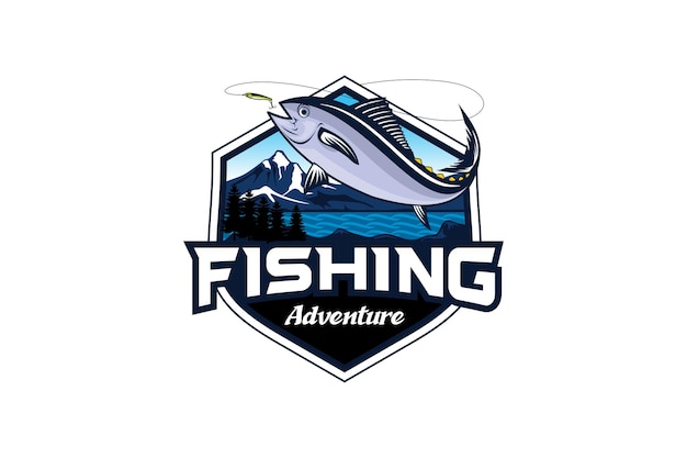 Tuna fishing logo design with sea view background