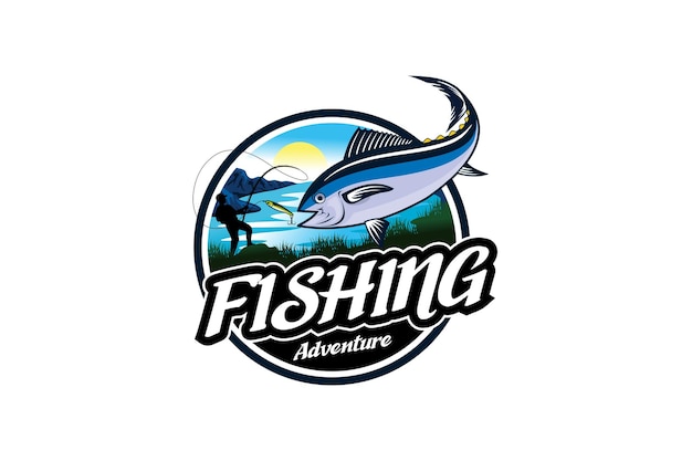 Дизайн наклейки с логотипом ловли тунца на фоне моря