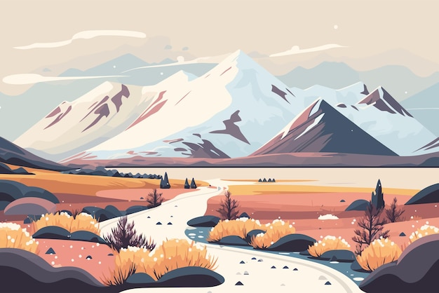 Tundra with snowy fieldsLandscape with mountains and river Vector illustration in flat style