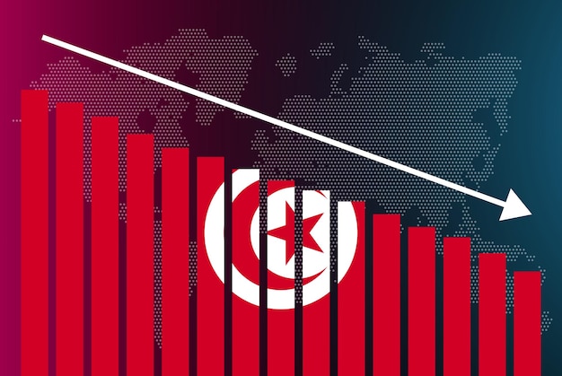 Grafico a barre della tunisia in diminuzione dei valori della crisi e del downgrade del banner delle notizie falliscono e diminuiscono