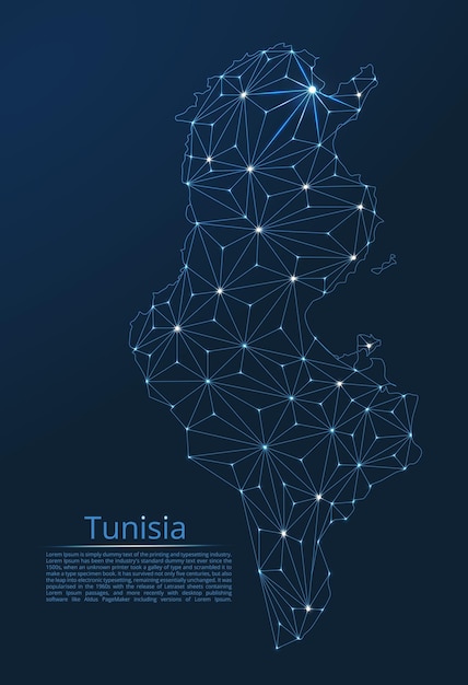 Tunisia communication network map vector low poly image of a global map with lights