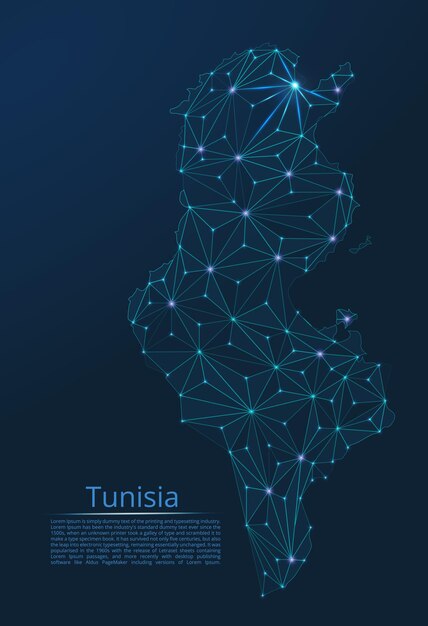 Карта сети связи Туниса Векторное низкополигональное изображение глобальной карты с огнями