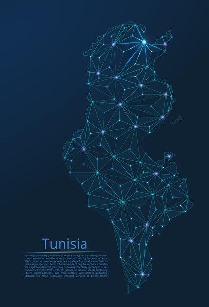 튀니지 통신 네트워크 지도 조명이 있는 글로벌 지도의 벡터 낮은 폴리 이미지