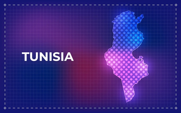 Mappa digitale della tunisia con punti luminosi e sfondo tecnologico