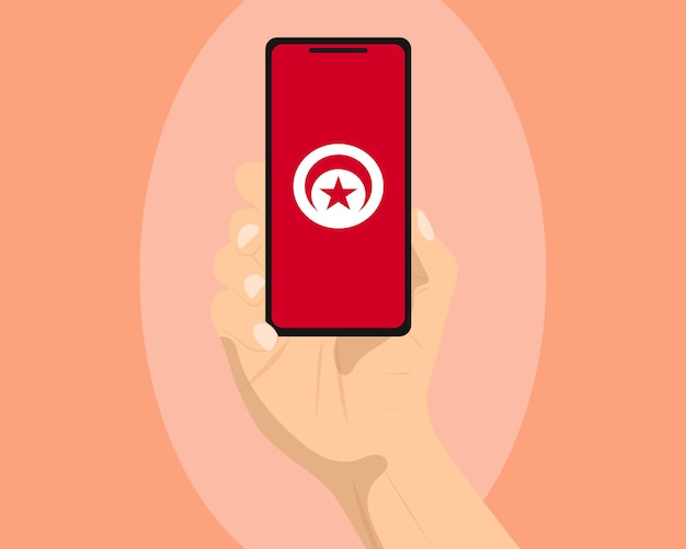 Vector tunisia flag on mobile phone screen holding smartphone advertising social media or banner concept