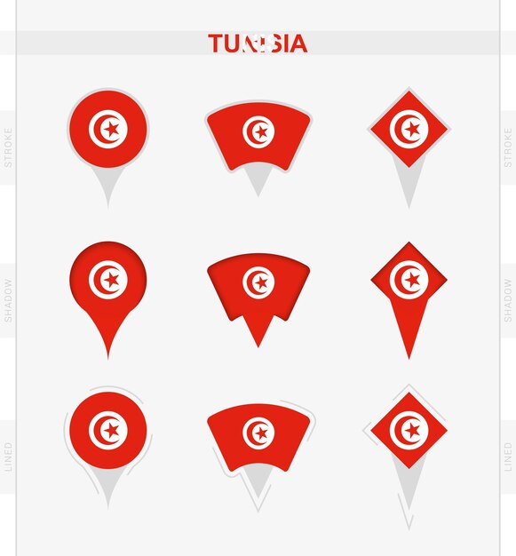 Vettore bandiera della tunisia set di icone di posizione della bandiera della tunisia