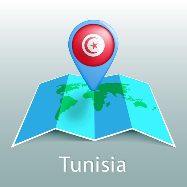 Mappa del mondo di bandiera tunisia nel pin con il nome del paese su sfondo grigio