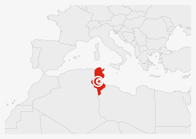 ベクトル チュニジアの地図はチュニジアの国旗で強調表示されており、近隣諸国との灰色の地図が表示されます