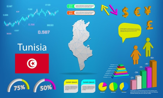 튀니지 지도 정보 그래픽 차트 기호 요소 및 아이콘 모음 고품질 비즈니스 infographic 요소가 있는 자세한 튀니지 지도