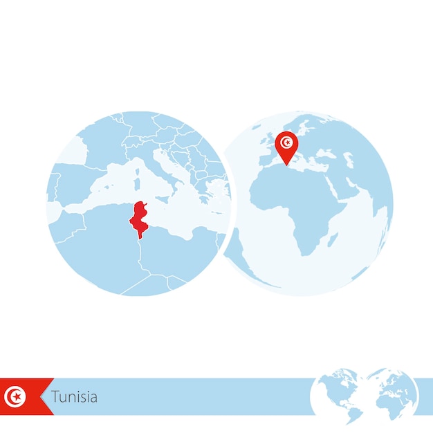 Тунис на земном шаре с флагом и региональной картой туниса. векторные иллюстрации.