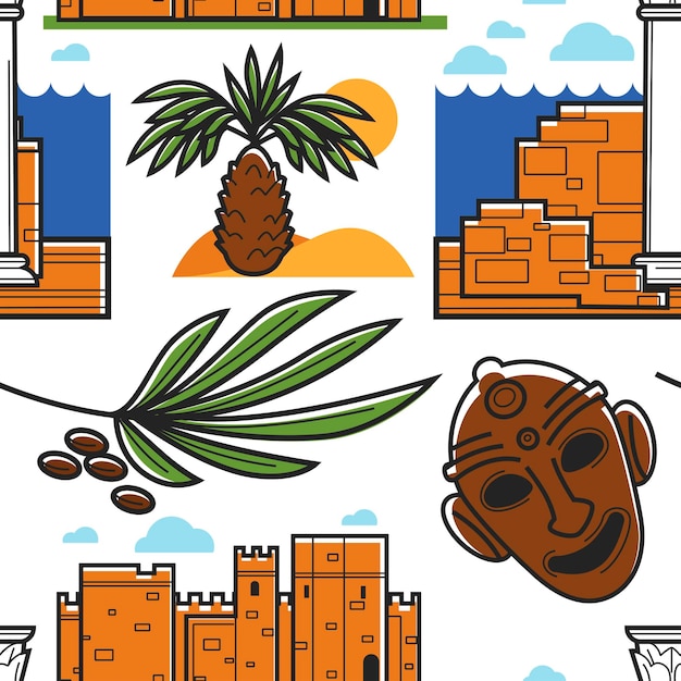 チュニジアのシンボルのヤシの木と古代遺跡のマスクと日付の果物