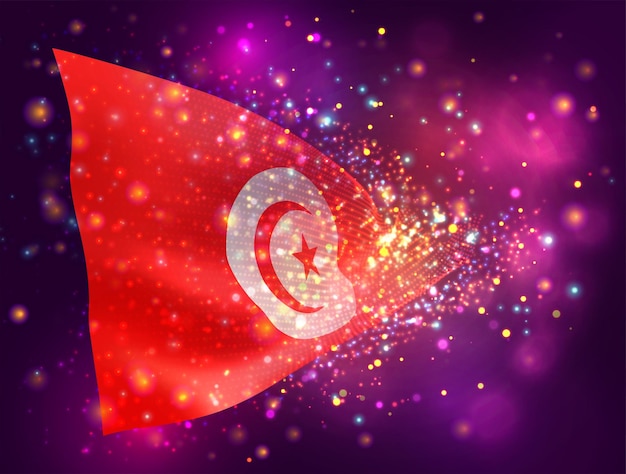 Tunisia vector 3d flag on pink purple background with lighting and flares