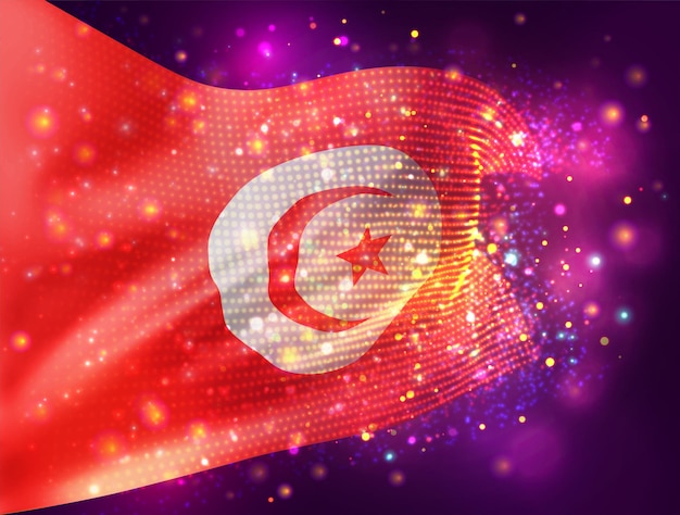 Tunisia, bandiera 3d vettoriale su sfondo rosa viola con illuminazione e razzi