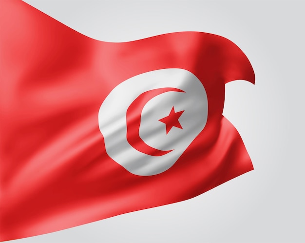 Тунис, векторный флаг с волнами и изгибами, развевающимися на ветру на белом фоне.