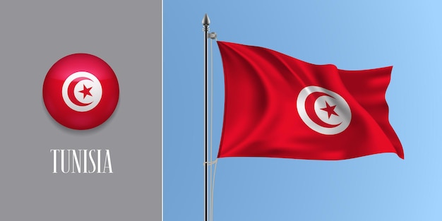 Tunisia waving flag on flagpole and round icon. realistic 3d of red tunisian flag and circle button