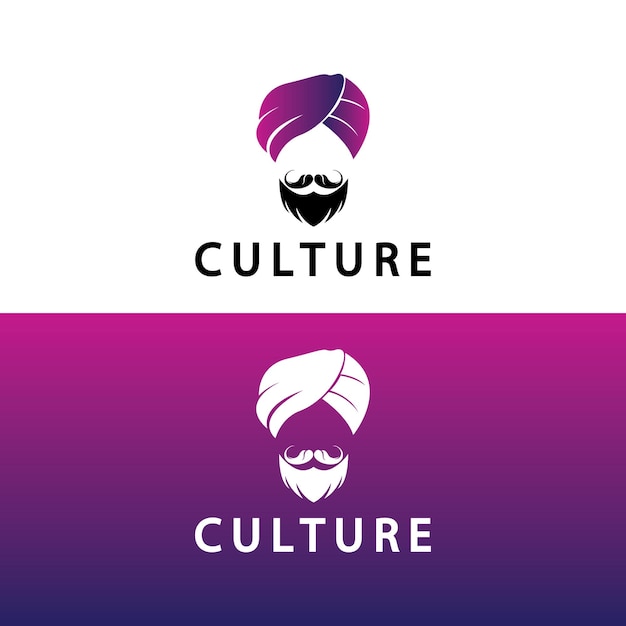 Turban moustache india indian logo design illustrazione vettoriale logo del volto di un uomo con barba e cappello tipico del tradizionale paese indiano