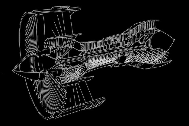turbo jet engine aircraft. vector line illustration.