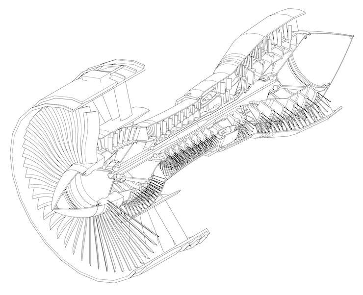 Vector turbo jet engine aircraft. vector line illustration.