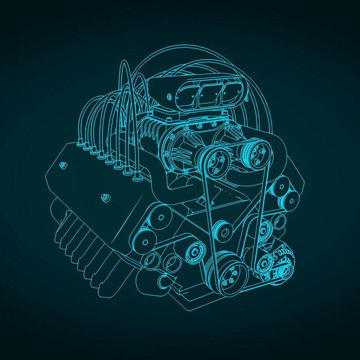 Vector turbocharged engine blueprint closeup