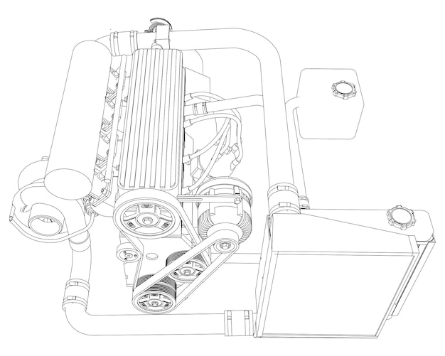 A turbocharged four-cylinder, high-performance engine for a sports car. Vector black and white illustration with a stroke of contours of details.