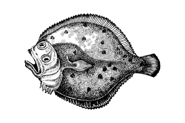 Vector turbot fish sketch hand drawn vector illustration seafood design element for packaging engraved