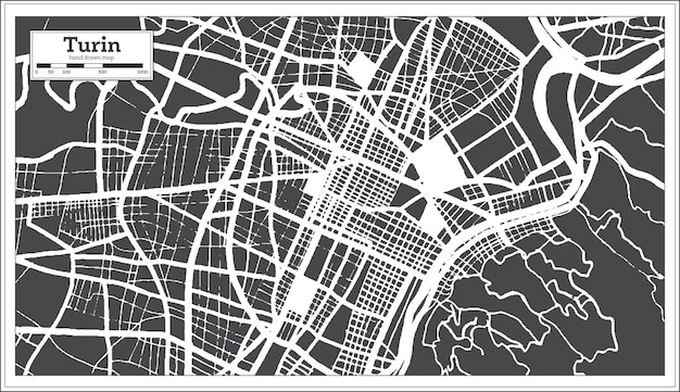 レトロなスタイルの白地図の黒と白のトリノイタリアの都市地図