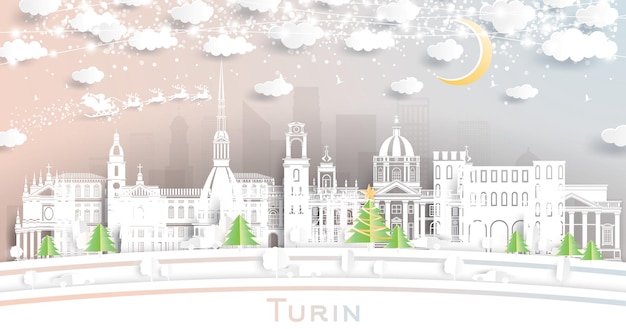 Vector turin italy city skyline in paper cut style with snowflakes moon and neon garland