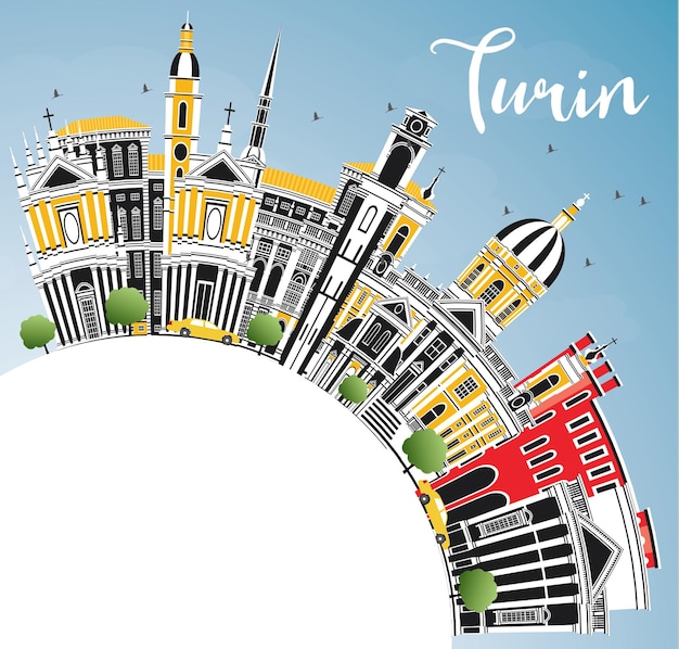Turin Italy City Skyline with Color Buildings, Blue Sky and Copy Space. Vector Illustration. Business Travel and Tourism Concept with Modern Architecture. Turin Cityscape with Landmarks.