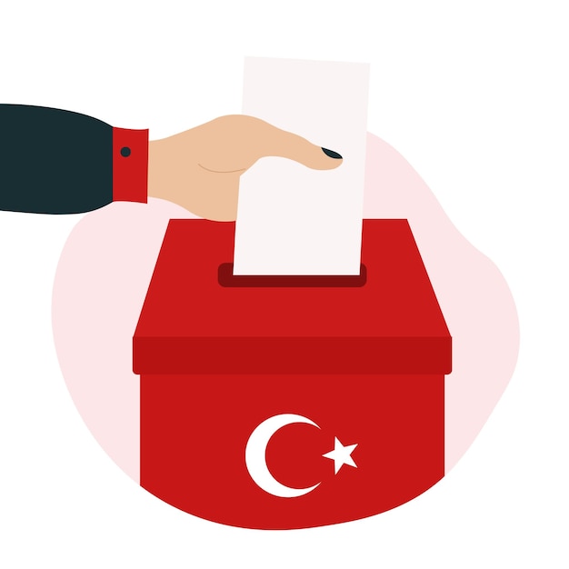 Vector turkey 2023 president elections illustration hand puts paper in box with turkish flag