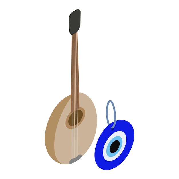 Vector turkey attribute icon isometric vector turkish saz and talisman blue eye turkish national instrument amulet nazar against the evil eye