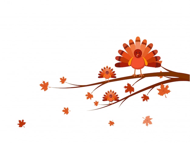 Turkey birds on tree branch for Thanksgiving Day.