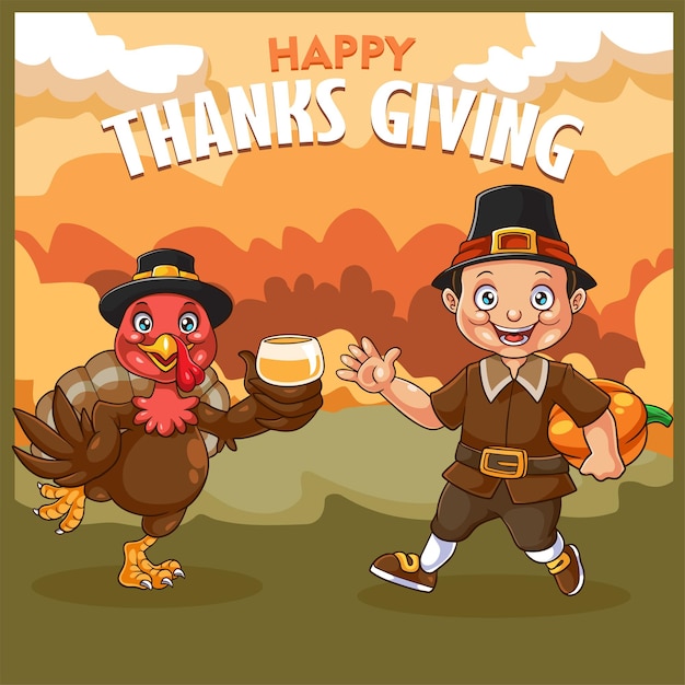 Turkey cartoon and cute little children celebrating thanksgiving