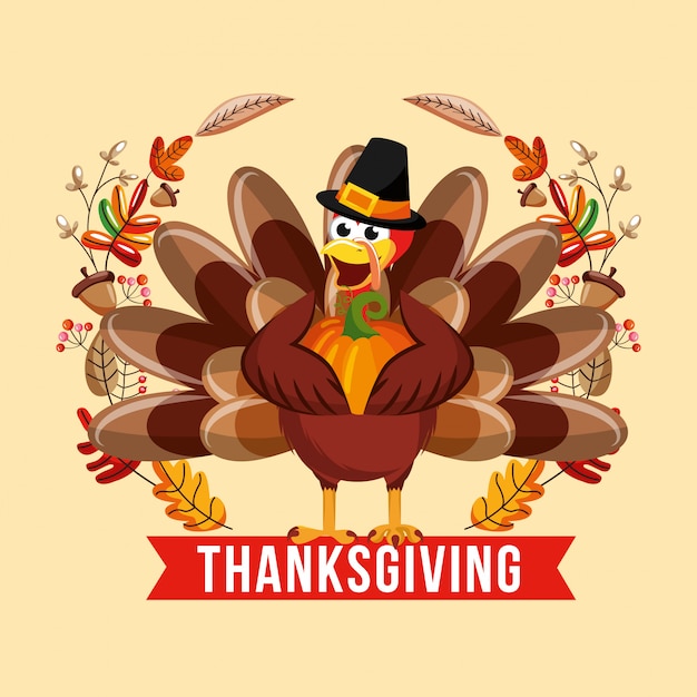 Vector turkey cartoon with pumpkin over laurel wreath thanksgiving card