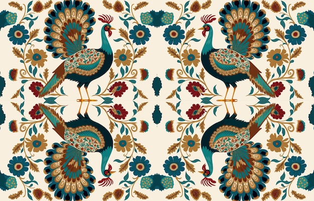 Turkey chicken pheasant peacock fabric seamless pattern Abstract fabric textile line graphic antique