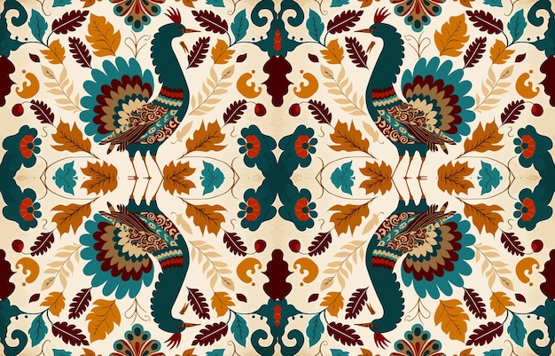 Vector turkey chicken pheasant peacock fabric seamless pattern abstract fabric textile line graphic antique