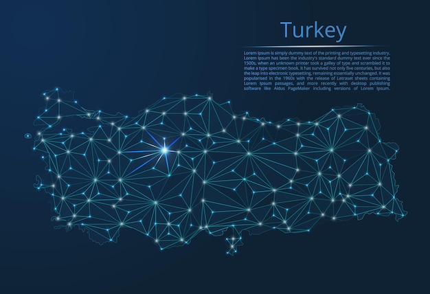 Карта коммуникационной сети Турции Векторное низкополигональное изображение глобальной карты с огнями