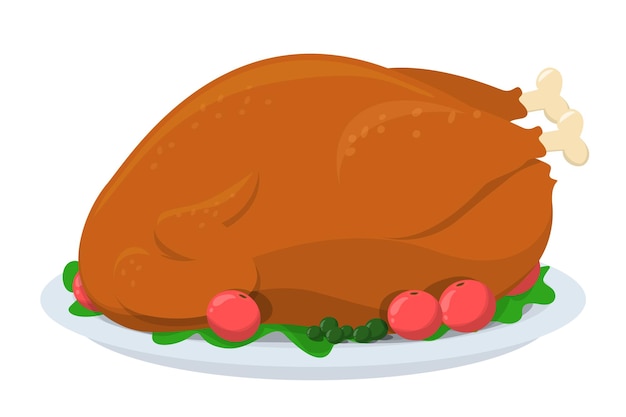 Vector turkey on dish with tomato, salad and pea