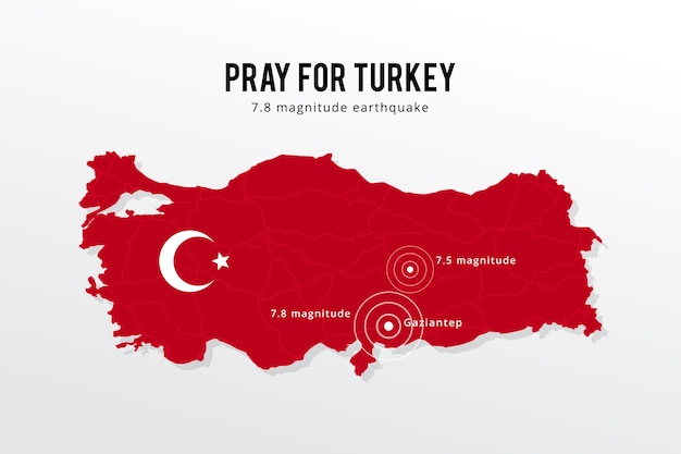 벡터 터키 지진. 영향을 받은 터키 중심선 지도와 지진 흔들림을 위한 기도