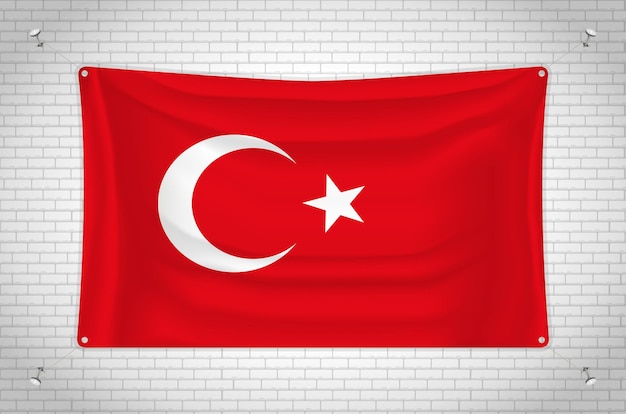 Turkey flag hanging on brick wall. 3D drawing. Flag attached to the wall. Neatly drawing in groups