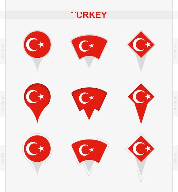 Turkey flag set of location pin icons of turkey flag