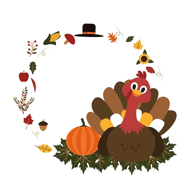 Turkey Happy Thanksgiving Day Autumn Fall Season Flat Illustration
