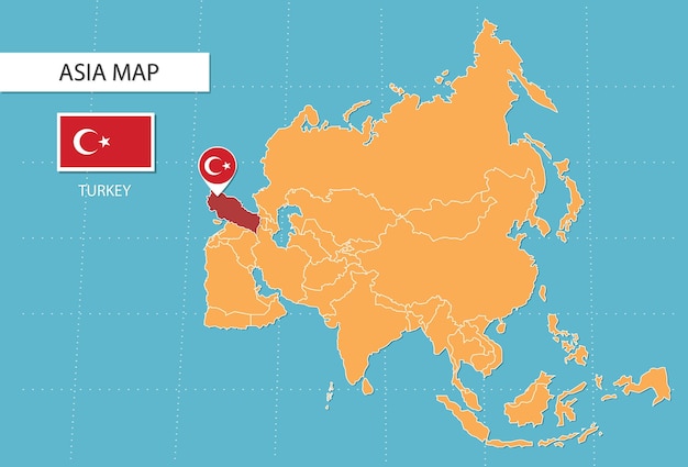 Vector turkey map in asia, icons showing turkey location and flags.