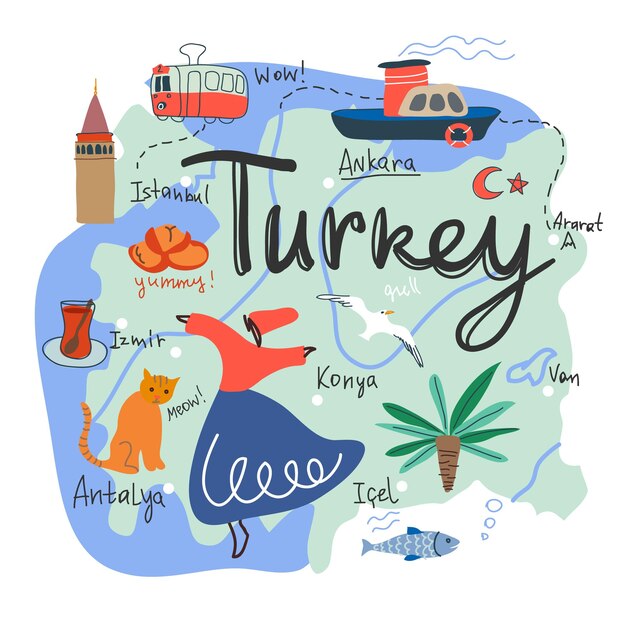 Vector turkey map cartoon illustration hand drawn travel website main page template or brochure for touris