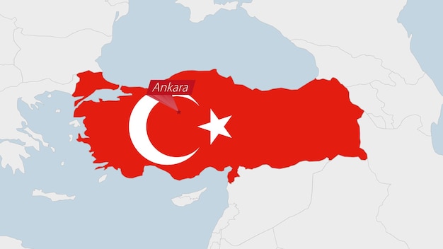 Vector turkey map highlighted in turkey flag colors and pin of country capital ankara