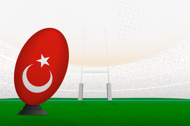 Turkey national team rugby ball on rugby stadium and goal posts preparing for a penalty or free kick