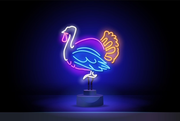 Turkey neon sign on stand turkey bird thanksgiving day night bright advertisement vector illustratio...