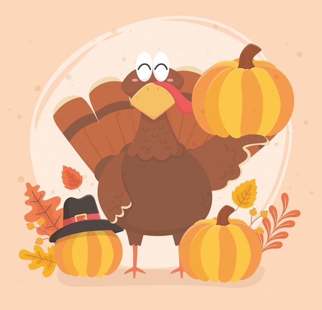 Turkey and pumpkin with pilgrim hat happy thanksgiving celebration