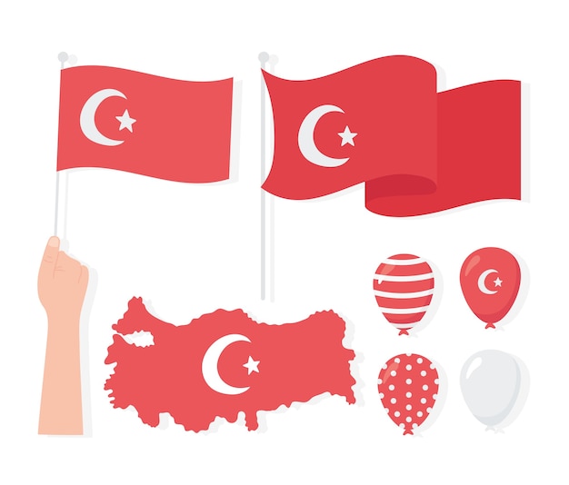 turkey republic day, map flags balloons icons set illustration