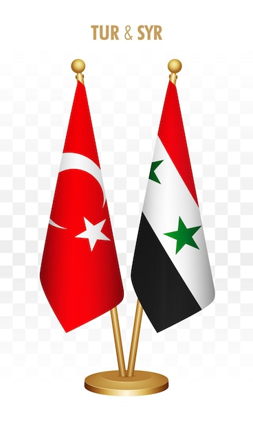 Turkey and Syria standing flags isolated on white Turkiye desk flag